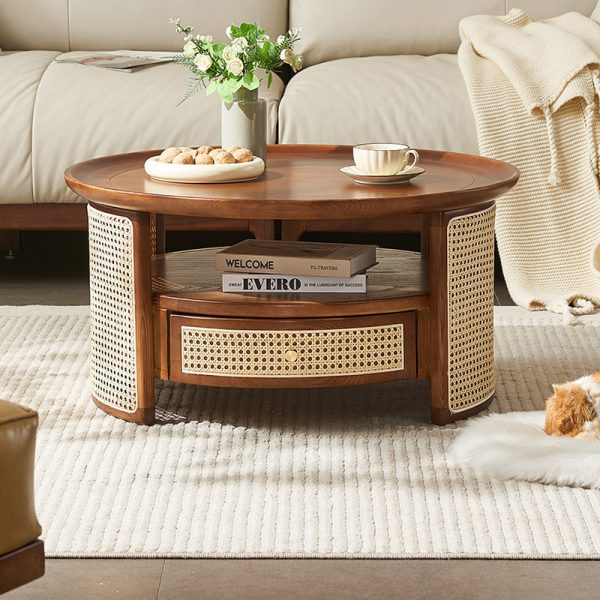 Traditional Vintage Solid Wood & Rattan Round Coffee Table 1- Drawer For Living Room
