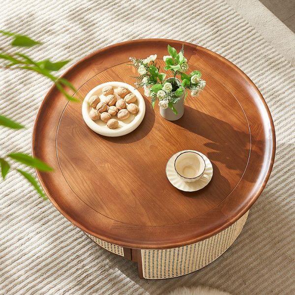 Traditional Vintage Solid Wood & Rattan Round Coffee Table 1- Drawer For Living Room - Image 10