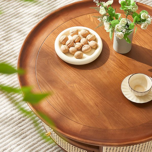 Traditional Vintage Solid Wood & Rattan Round Coffee Table 1- Drawer For Living Room - Image 6