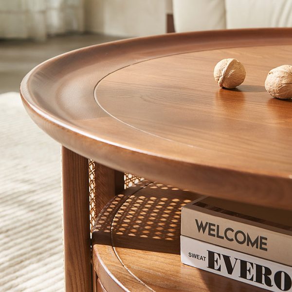 Traditional Vintage Solid Wood & Rattan Round Coffee Table 1- Drawer For Living Room - Image 7
