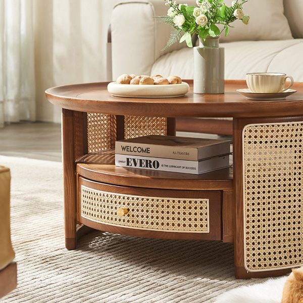Traditional Vintage Solid Wood & Rattan Round Coffee Table 1- Drawer For Living Room - Image 8