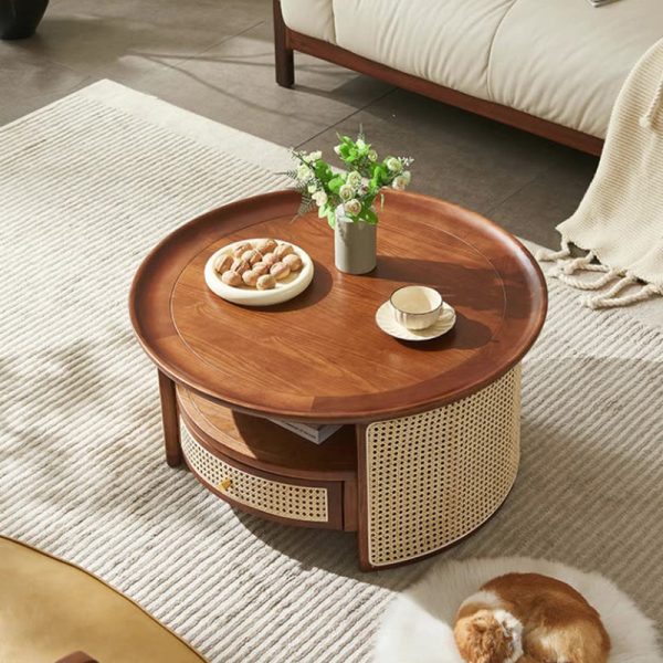 Traditional Vintage Solid Wood & Rattan Round Coffee Table 1- Drawer For Living Room - Image 12