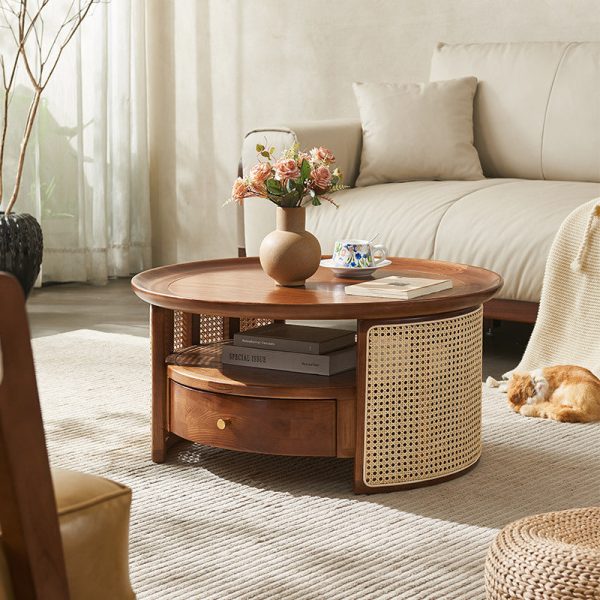 Traditional Vintage Solid Wood & Rattan Round Coffee Table 1- Drawer For Living Room - Image 2