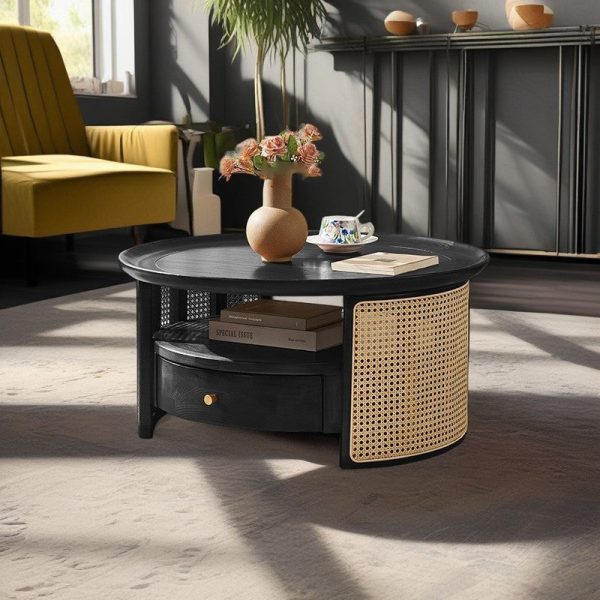 Traditional Vintage Solid Wood & Rattan Round Coffee Table 1- Drawer For Living Room - Image 13