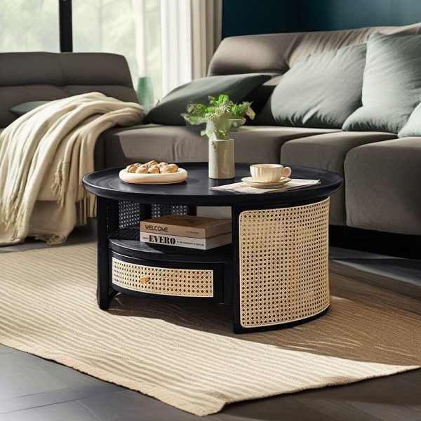 Traditional Vintage Solid Wood & Rattan Round Coffee Table 1- Drawer For Living Room - Image 14