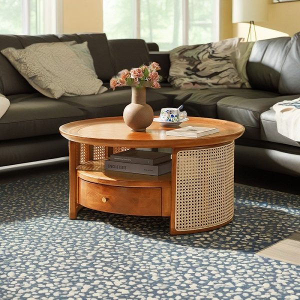 Traditional Vintage Solid Wood & Rattan Round Coffee Table 1- Drawer For Living Room - Image 15