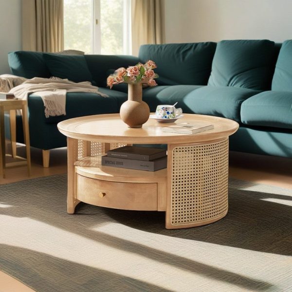 Traditional Vintage Solid Wood & Rattan Round Coffee Table 1- Drawer For Living Room - Image 17