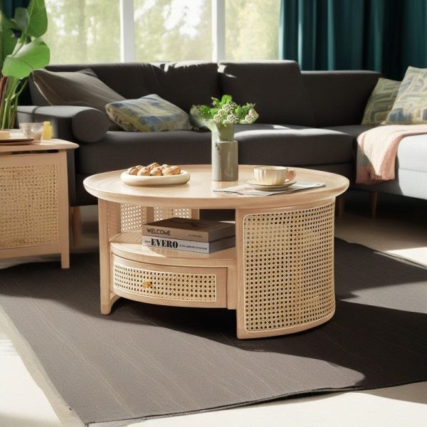 Traditional Vintage Solid Wood & Rattan Round Coffee Table 1- Drawer For Living Room - Image 18