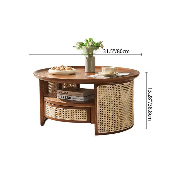 Traditional Vintage Solid Wood & Rattan Round Coffee Table 1- Drawer For Living Room - Image 4