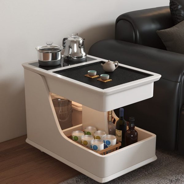 Modern Minimalist Rubber Wood & Stone-Grain Rectangular Coffee Table With 2-Tier And Wheels For Living Room