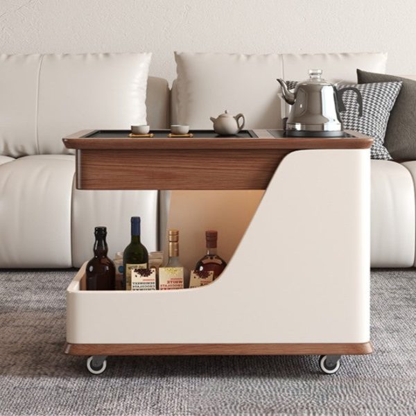 Modern Minimalist Rubber Wood & Stone-Grain Rectangular Coffee Table With 2-Tier And Wheels For Living Room - Image 9
