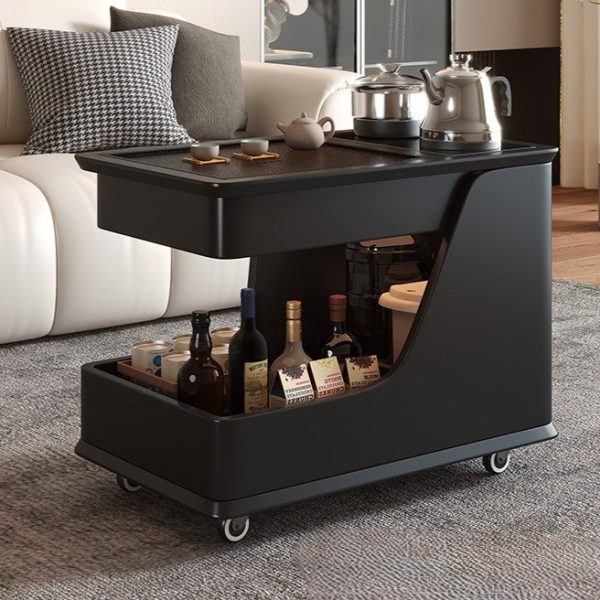 Modern Minimalist Rubber Wood & Stone-Grain Rectangular Coffee Table With 2-Tier And Wheels For Living Room - Image 3