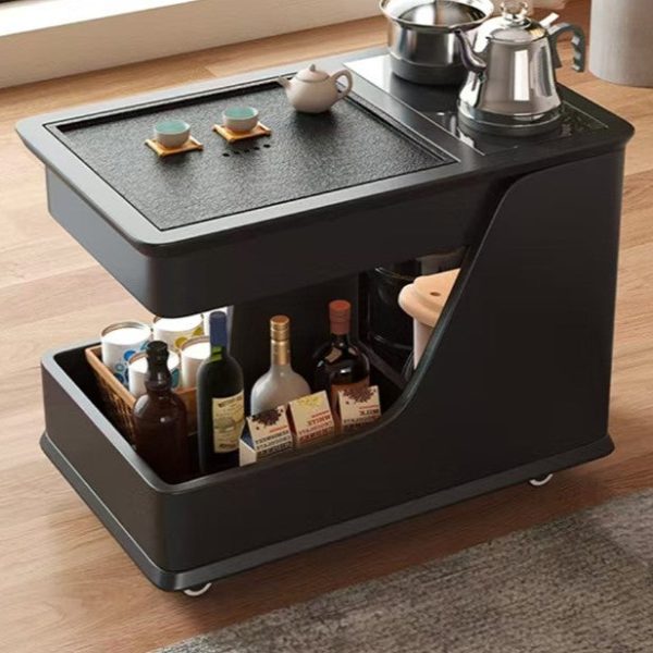 Modern Minimalist Rubber Wood & Stone-Grain Rectangular Coffee Table With 2-Tier And Wheels For Living Room - Image 8