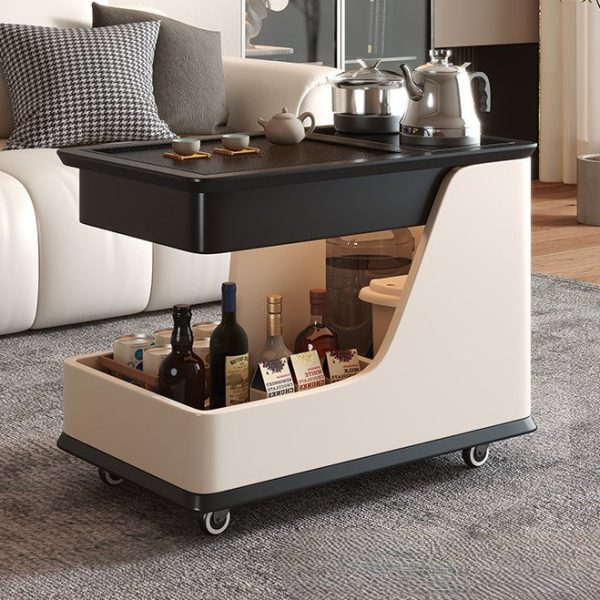 Modern Minimalist Rubber Wood & Stone-Grain Rectangular Coffee Table With 2-Tier And Wheels For Living Room - Image 2