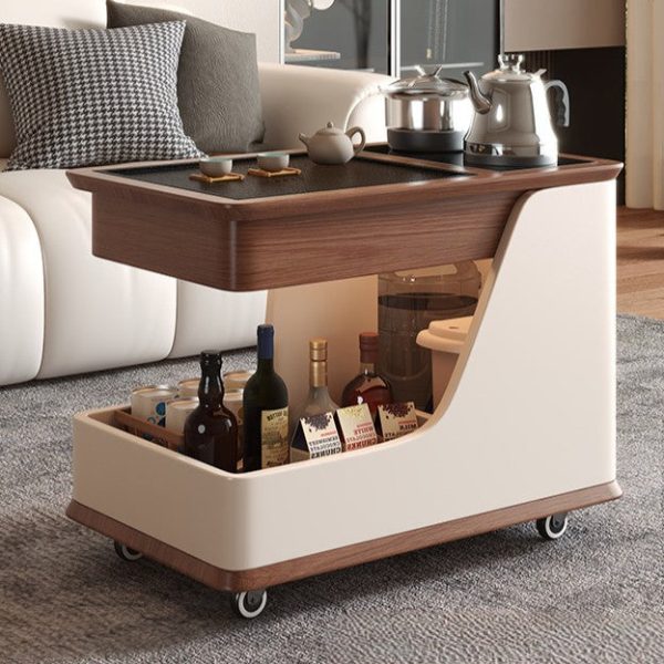 Modern Minimalist Rubber Wood & Stone-Grain Rectangular Coffee Table With 2-Tier And Wheels For Living Room - Image 10