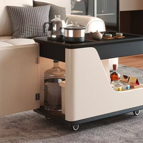 Modern Minimalist Rubber Wood & Stone-Grain Rectangular Coffee Table With 2-Tier And Wheels For Living Room - Image 7