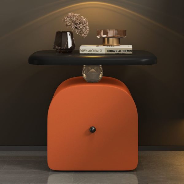 Contemporary Nordic Leather & Wood Curved Nightstand With 1-Drawer For Bedroom - Image 2