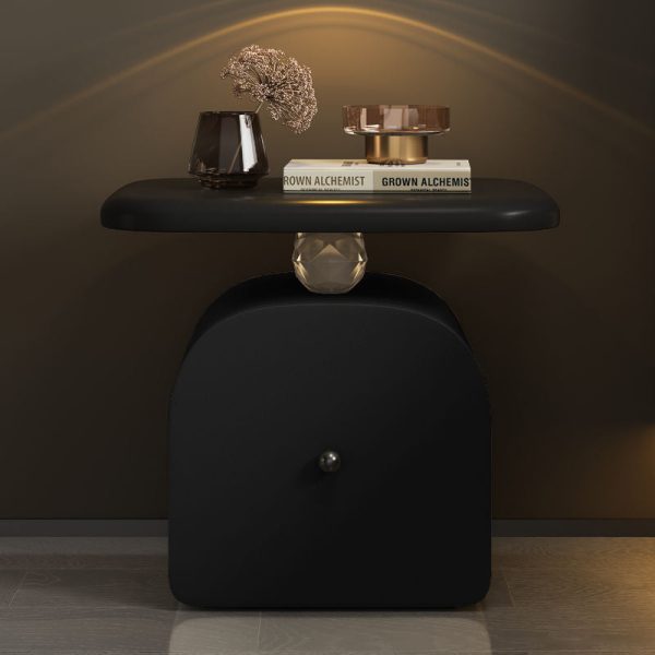 Contemporary Nordic Leather & Wood Curved Nightstand With 1-Drawer For Bedroom - Image 6