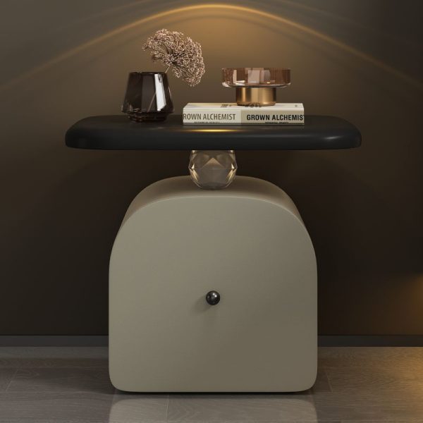 Contemporary Nordic Leather & Wood Curved Nightstand With 1-Drawer For Bedroom - Image 7