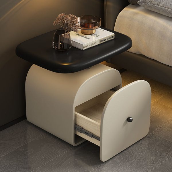 Contemporary Nordic Leather & Wood Curved Nightstand With 1-Drawer For Bedroom - Image 5