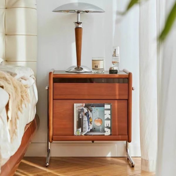 Traditional Vintage Wood, Rock Slab & Stainless Steel Rectangular Nightstand With 2-Drawer For Bedroom - Image 15