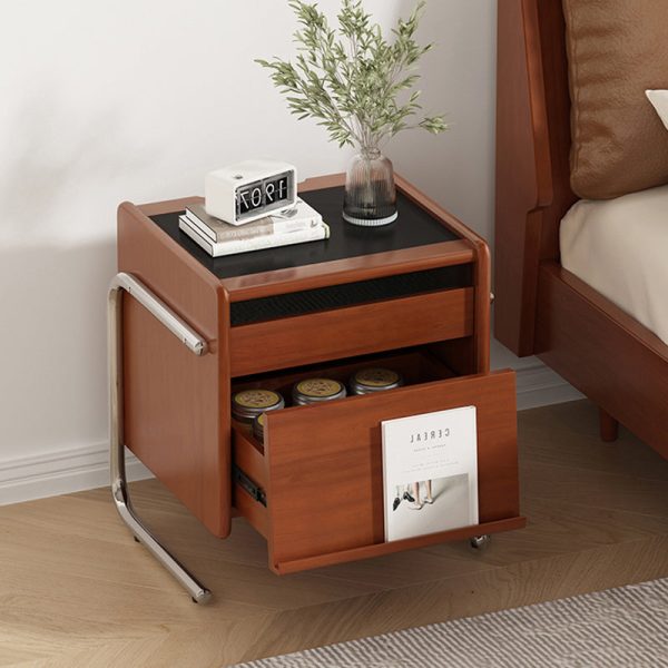 Traditional Vintage Wood, Rock Slab & Stainless Steel Rectangular Nightstand With 2-Drawer For Bedroom - Image 12