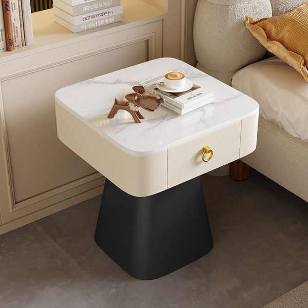 Traditional French Carbon Steel & Rock Slab Square Top Nightstand With Pyramid Base And 1-Drawer For Bedroom & Living Room - Image 13