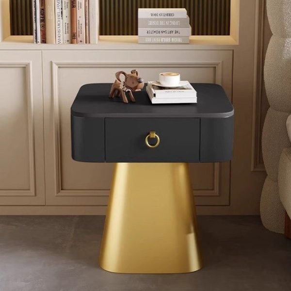 Traditional French Carbon Steel & Rock Slab Square Top Nightstand With Pyramid Base And 1-Drawer For Bedroom & Living Room - Image 15