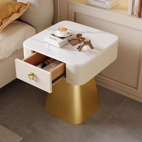 Traditional French Carbon Steel & Rock Slab Square Top Nightstand With Pyramid Base And 1-Drawer For Bedroom & Living Room - Image 7