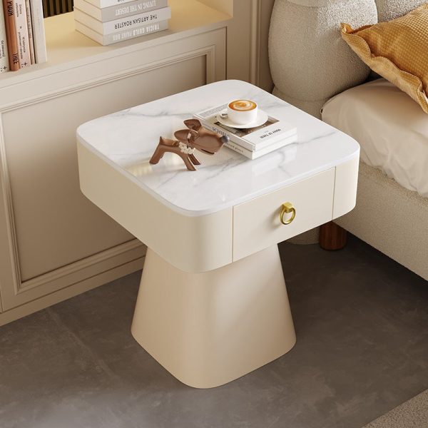 Traditional French Carbon Steel & Rock Slab Square Top Nightstand With Pyramid Base And 1-Drawer For Bedroom & Living Room