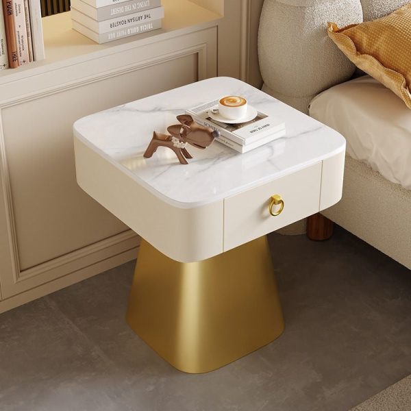 Traditional French Carbon Steel & Rock Slab Square Top Nightstand With Pyramid Base And 1-Drawer For Bedroom & Living Room - Image 10