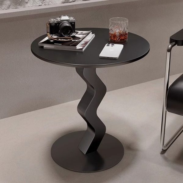 Modern Minimalist Iron Rock Slab Round Top Wave Base Side Table Durable For Living Room Bedroom - Image 2