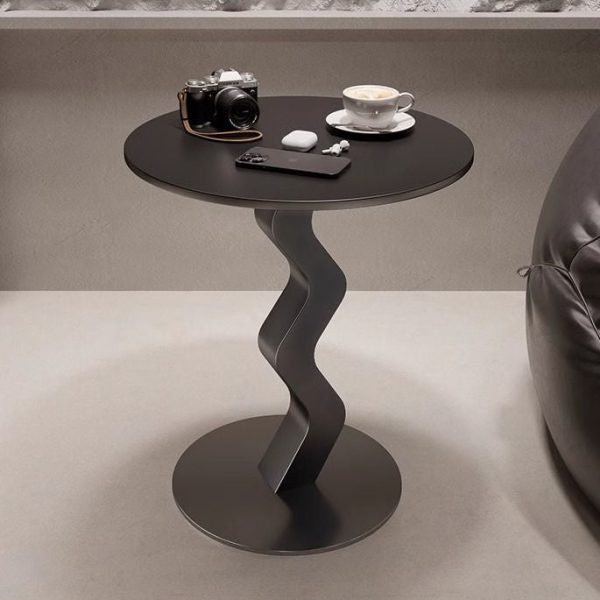 Modern Minimalist Iron Rock Slab Round Top Wave Base Side Table Durable For Living Room Bedroom - Image 9