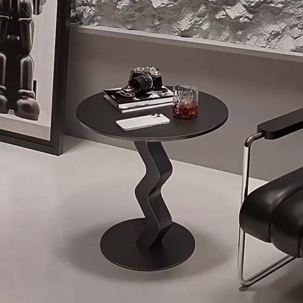 Modern Minimalist Iron Rock Slab Round Top Wave Base Side Table Durable For Living Room Bedroom - Image 8