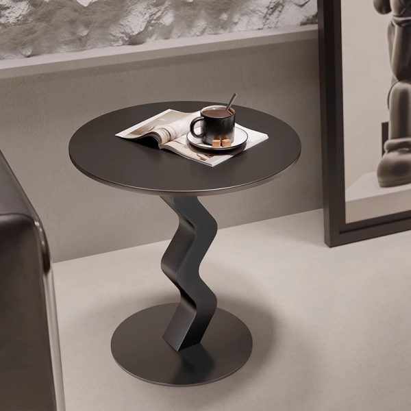 Modern Minimalist Iron Rock Slab Round Top Wave Base Side Table Durable For Living Room Bedroom