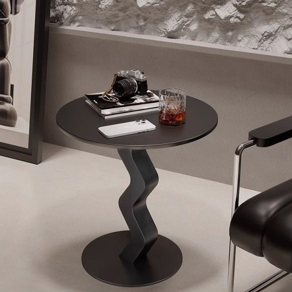 Modern Minimalist Iron Rock Slab Round Top Wave Base Side Table Durable For Living Room Bedroom - Image 3