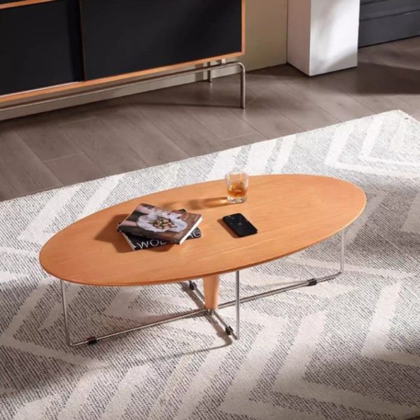 Modern Mid-Century Wood And Stainless Steel Oval Coffee Table With Anti-Slip Pads For Living Room Bedroom - Image 2