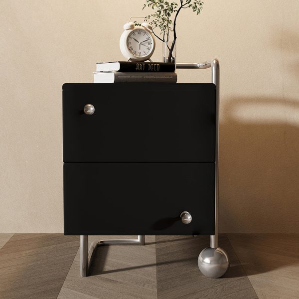 Contemporary Nordic Wood & Stainless Steel Square Nightstand With 2 Drawers For Bedroom & Living Room