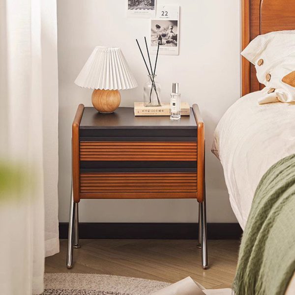 Contemporary Nordic Rock Slab, Pine, Boxwood & Stainless Steel Square Nightstand With 2-Drawers For Bedroom & Living Room
