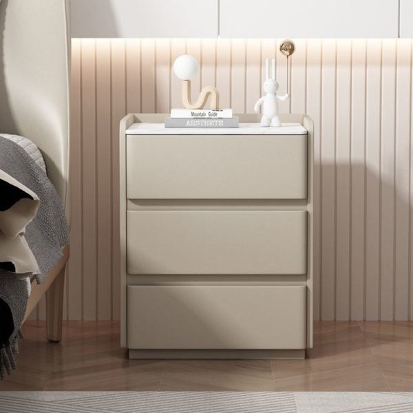 Modern Minimalist Rock Slab, Wood & Microfiber Leather Rectangular Nightstand With 3-Drawers For Bedroom & Living Room - Image 2