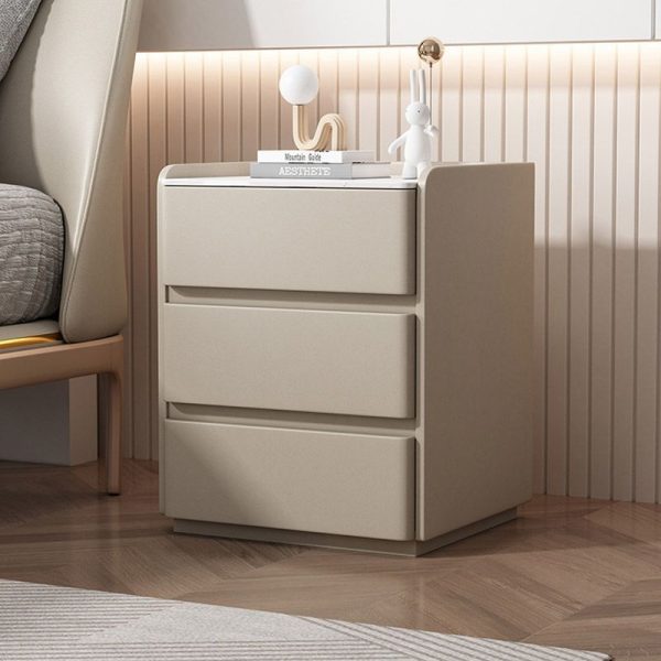 Modern Minimalist Rock Slab, Wood & Microfiber Leather Rectangular Nightstand With 3-Drawers For Bedroom & Living Room - Image 17