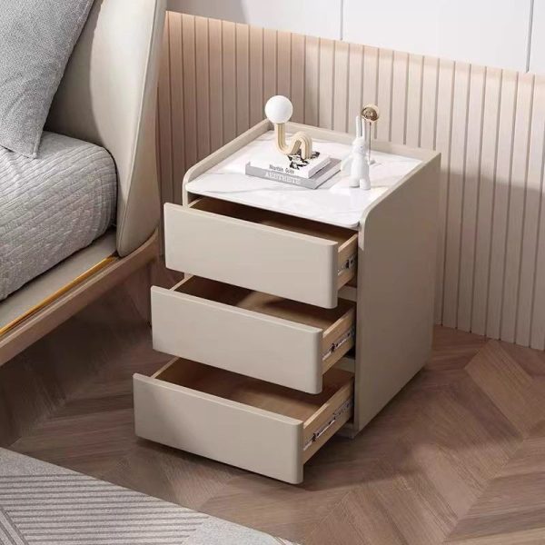 Modern Minimalist Rock Slab, Wood & Microfiber Leather Rectangular Nightstand With 3-Drawers For Bedroom & Living Room - Image 12