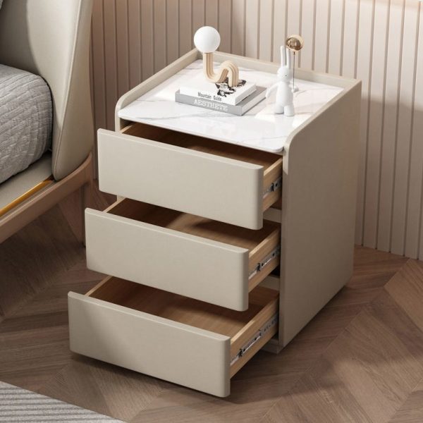 Modern Minimalist Rock Slab, Wood & Microfiber Leather Rectangular Nightstand With 3-Drawers For Bedroom & Living Room - Image 13