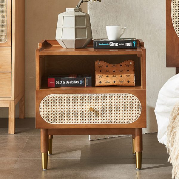 Contemporary Nordic Wood & Rattan Square Nightstand With 1-Drawer For Bedroom & Living Room