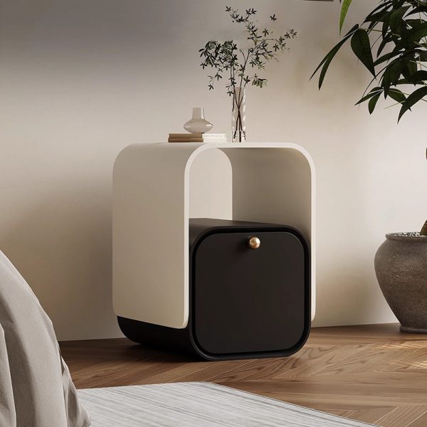 Modern Minimalist Plank & Wood Square Nightstand With 1-Drawer For Bedroom & Living Room