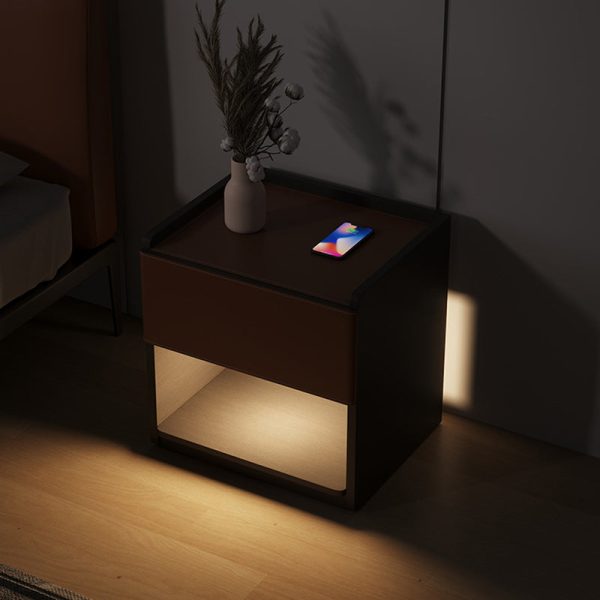 Modern Minimalist Saddle Leather & Plank Square Nightstand With Wireless Charging & 1-Drawer For Bedroom - Image 12