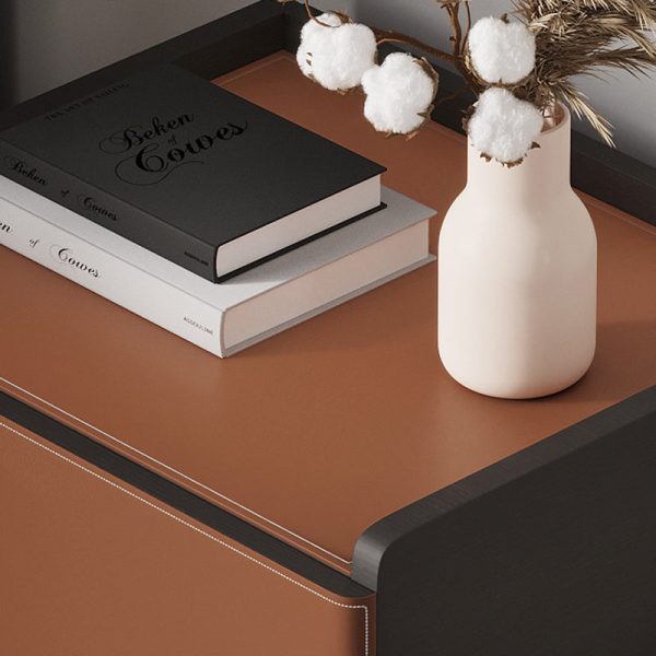 Modern Minimalist Saddle Leather & Plank Square Nightstand With Wireless Charging & 1-Drawer For Bedroom - Image 5