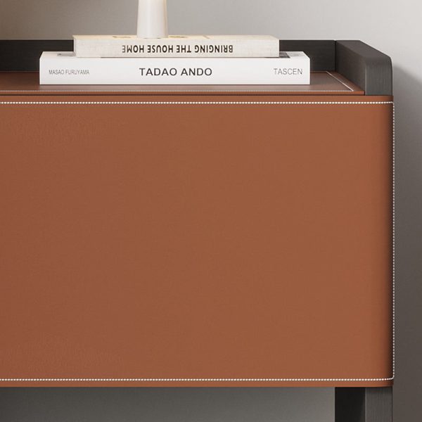 Modern Minimalist Saddle Leather & Plank Square Nightstand With Wireless Charging & 1-Drawer For Bedroom - Image 6