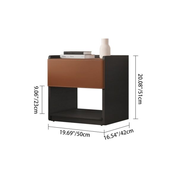 Modern Minimalist Saddle Leather & Plank Square Nightstand With Wireless Charging & 1-Drawer For Bedroom - Image 4