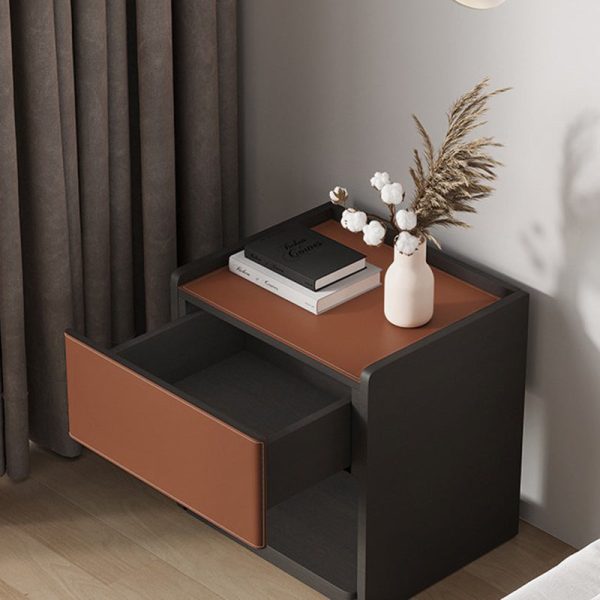 Modern Minimalist Saddle Leather & Plank Square Nightstand With Wireless Charging & 1-Drawer For Bedroom - Image 8